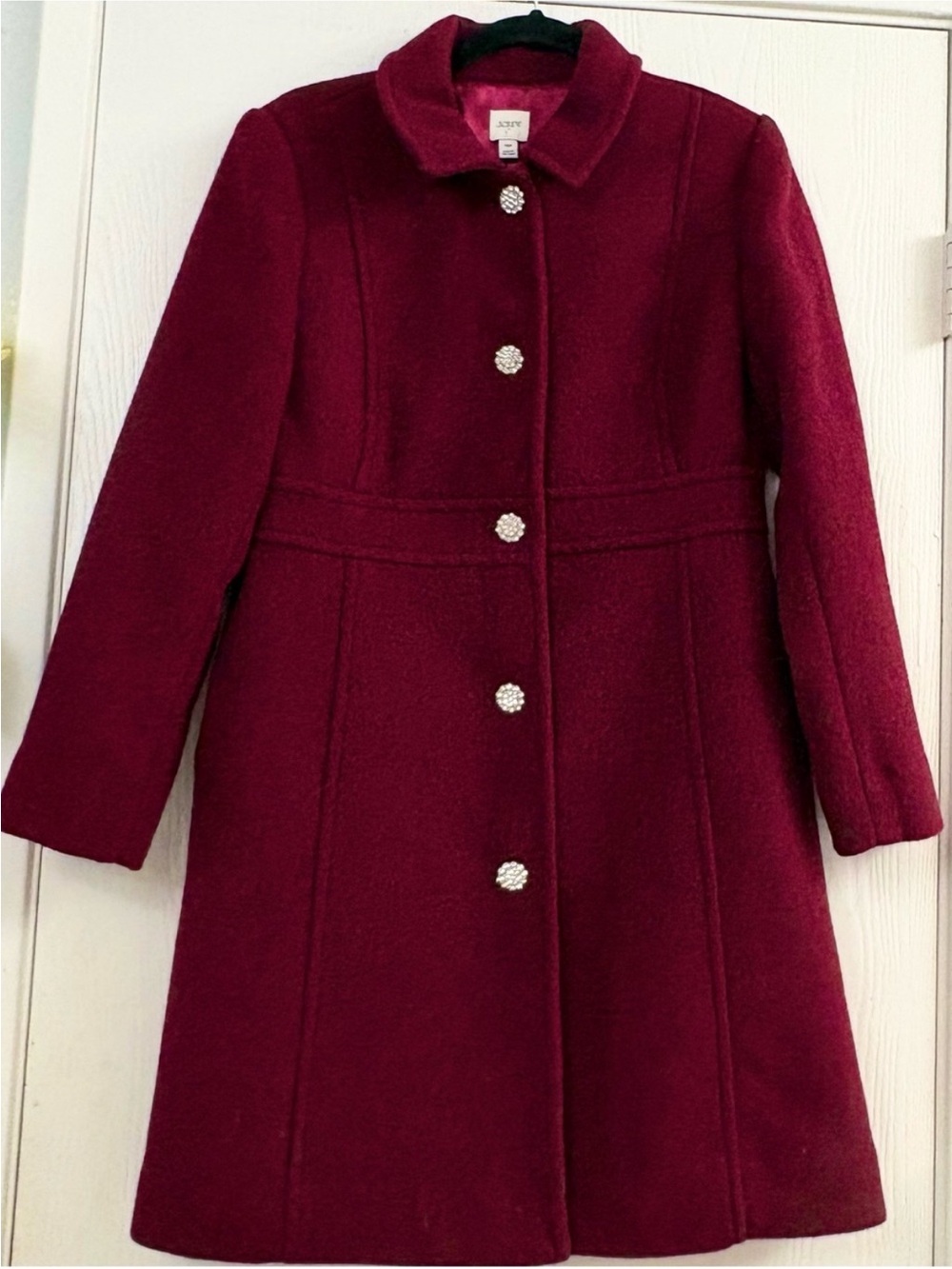 J. Crew Lady Day Women's Deep Burgundy Wool Pea Coat with Jeweled Buttons Sz 10